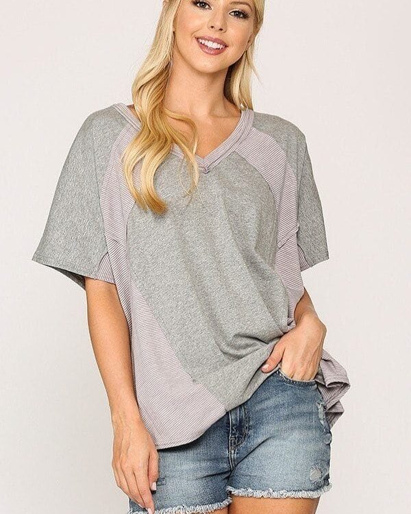 Rib Knit Mixed Dolman Sleeve Top With Round Hem