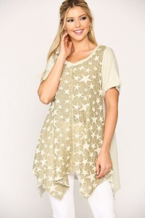 Star Textured Knit Mixed Tunic Top With Shark Bite Hem Star Textured Knit Mixed Tunic Top With Shark Bite Hem