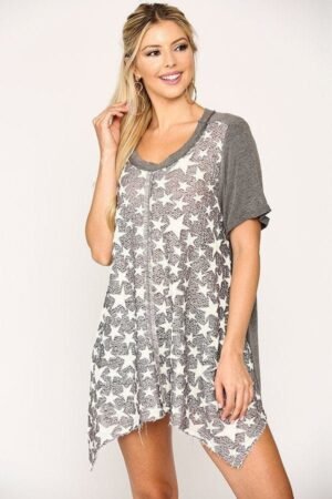 Star Textured Knit Mixed Tunic Top With Shark Bite Hem Star Textured Knit Mixed Tunic Top With Shark Bite Hem