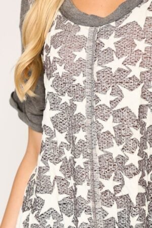 Star Textured Knit Mixed Tunic Top With Shark Bite Hem Star Textured Knit Mixed Tunic Top With Shark Bite Hem