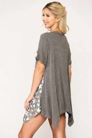 Star Textured Knit Mixed Tunic Top With Shark Bite Hem Star Textured Knit Mixed Tunic Top With Shark Bite Hem