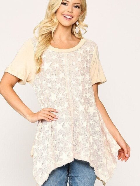 Star Textured Knit Mixed Tunic Top With Shark Bite Hem