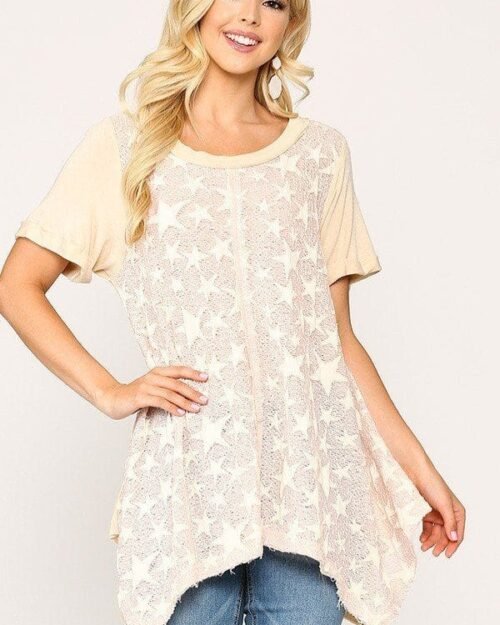 Star Textured Knit Mixed Tunic Top With Shark Bite Hem