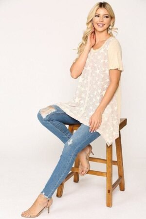 Star Textured Knit Mixed Tunic Top With Shark Bite Hem Star Textured Knit Mixed Tunic Top With Shark Bite Hem