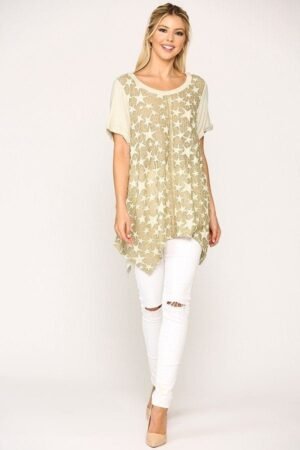 Star Textured Knit Mixed Tunic Top With Shark Bite Hem Star Textured Knit Mixed Tunic Top With Shark Bite Hem