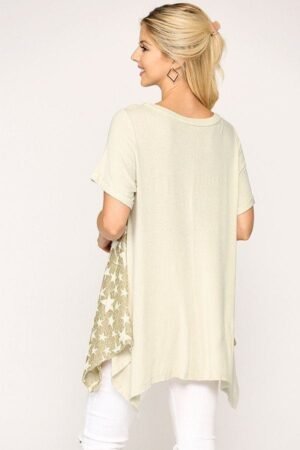 Star Textured Knit Mixed Tunic Top With Shark Bite Hem Star Textured Knit Mixed Tunic Top With Shark Bite Hem