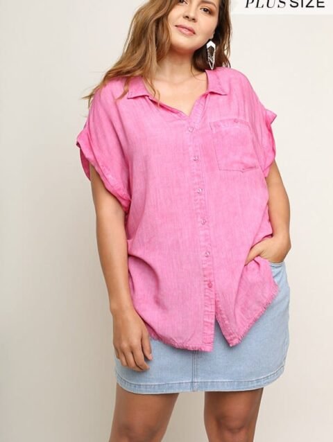 Washed Button Up Short Sleeve Top With Frayed Hemline