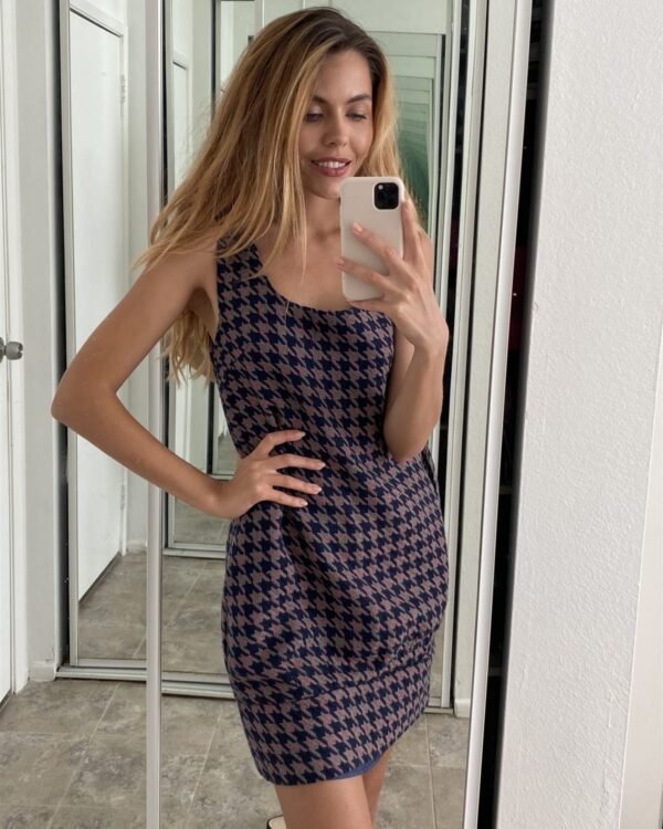 Multi Houndstooth Pattern Sleeveless Mini Dress