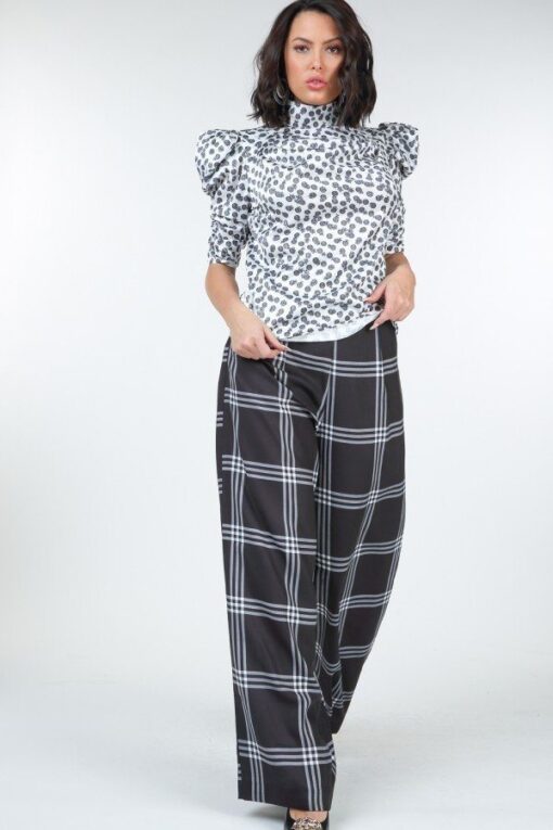 High Waist Plaid Print Wide Leg Pants - Image 6