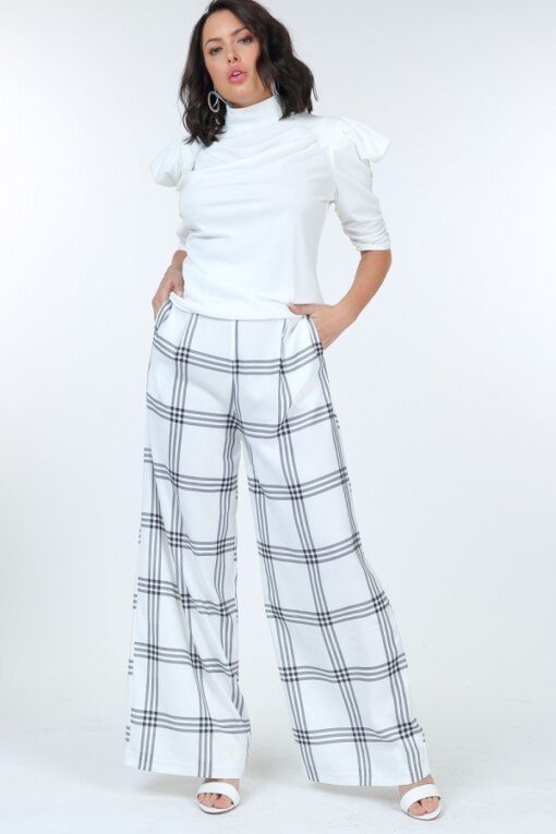 High Waist Plaid Print Wide Leg Pants - Image 2