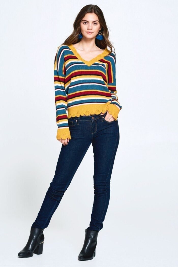 Multi-colored variegated striped knit sweater