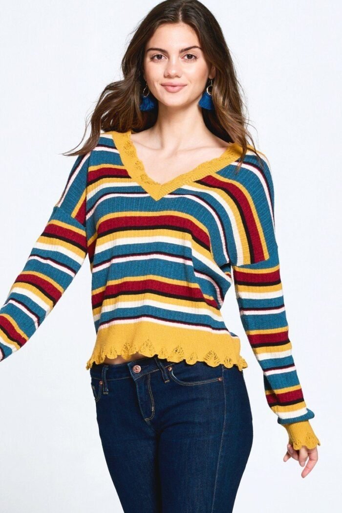 Multi-colored variegated striped knit sweater