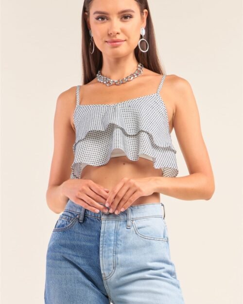 white and navy sleeveless polka square layered smock back cropped top