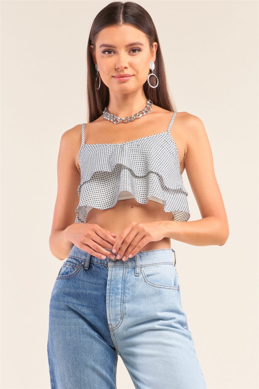 White and navy sleeveless polka square layered smock back cropped top