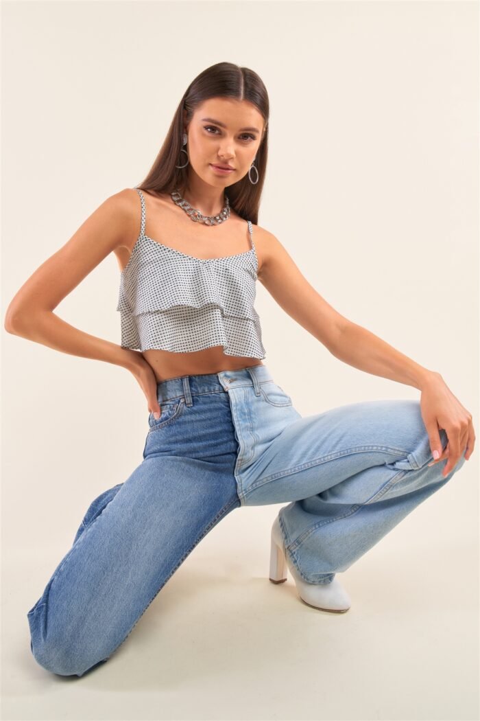 White and navy sleeveless polka square layered smock back cropped top