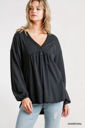Babydoll Top Long Sleeve Confetti Detailed Puff Sleeve Top