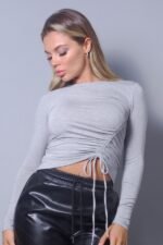 Long Sleeve Round Neck Side Ruched Top - Image 6