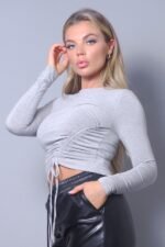 Long Sleeve Round Neck Side Ruched Top - Image 9