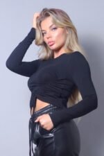 Long Sleeve Round Neck Side Ruched Top - Image 14
