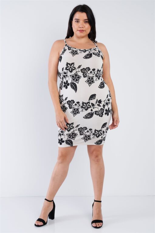 Plus Size Ivory Black Floral Basic Dress - Image 2