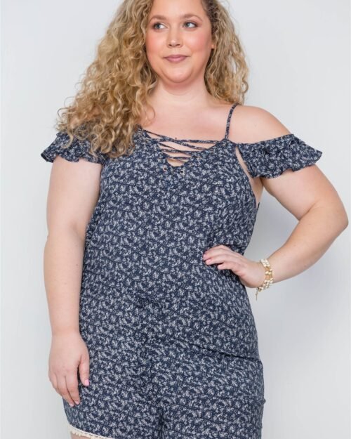 Plus Size Navy Floral Print Lace Up Romper