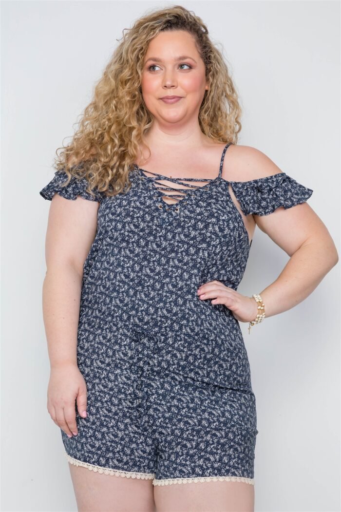 Plus size navy floral print lace up romper - image 1