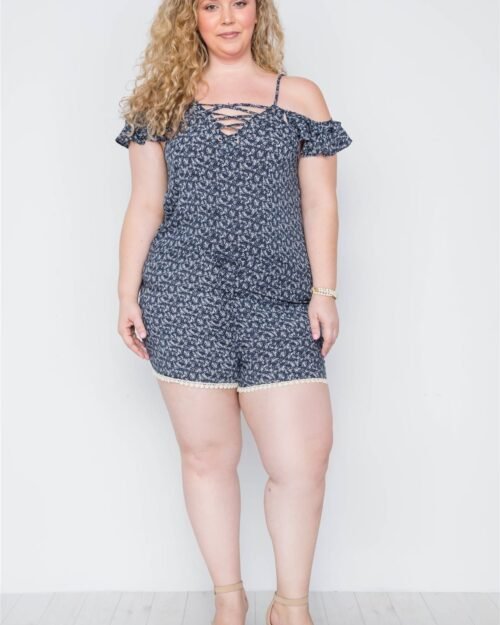 plus size navy floral print lace up romper