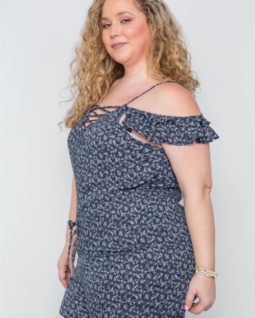 plus size navy floral print lace up romper