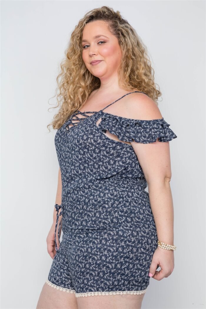 Plus size navy floral print lace up romper - image 3