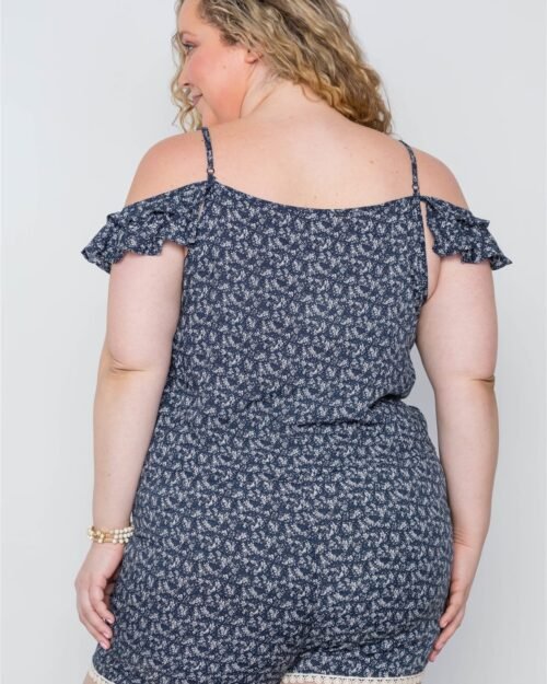 plus size navy floral print lace up romper
