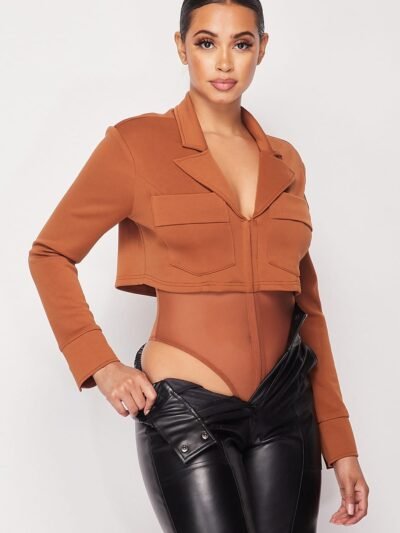 Deep-v Cropped Power Shoulder Blazer Bodysuit