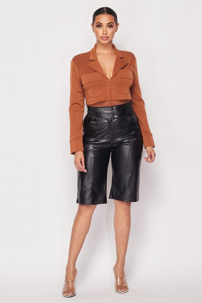 Deep-v cropped power shoulder blazer bodysuit