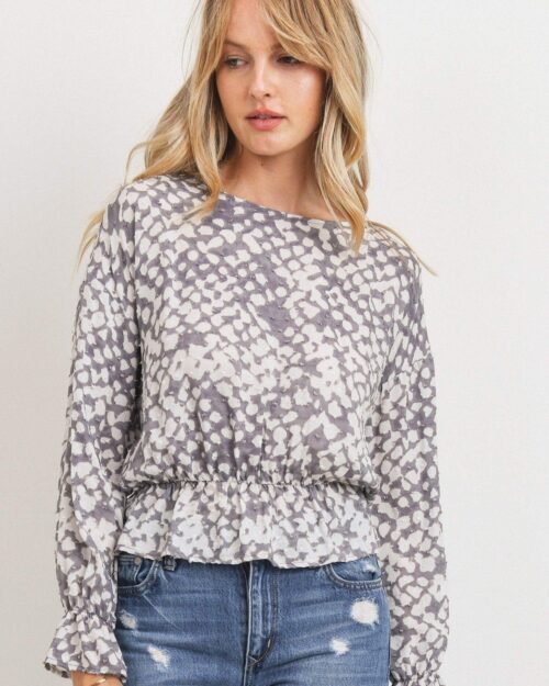 Ruffled Waist Drop Shoulder Long Sleeve Top