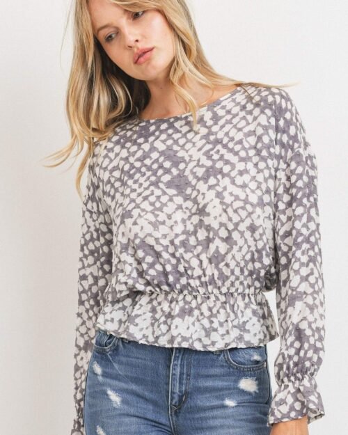 ruffled waist drop shoulder long sleeve top
