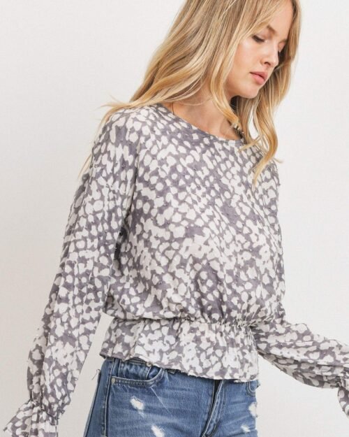 ruffled waist drop shoulder long sleeve top