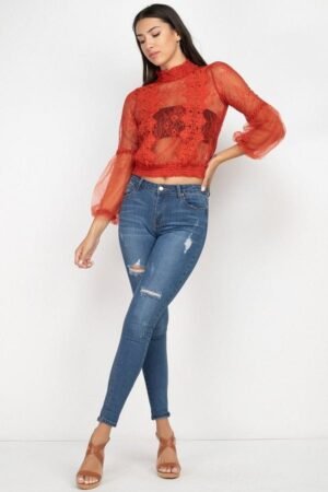 Lace Trim Balloon Sleeve Smocked Top Lace Trim Balloon Sleeve Smocked Top