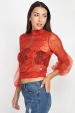 Lace Trim Balloon Sleeve Smocked Top - Image 3