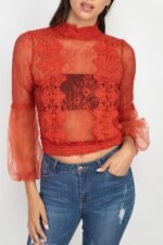 Lace Trim Balloon Sleeve Smocked Top - Image 4