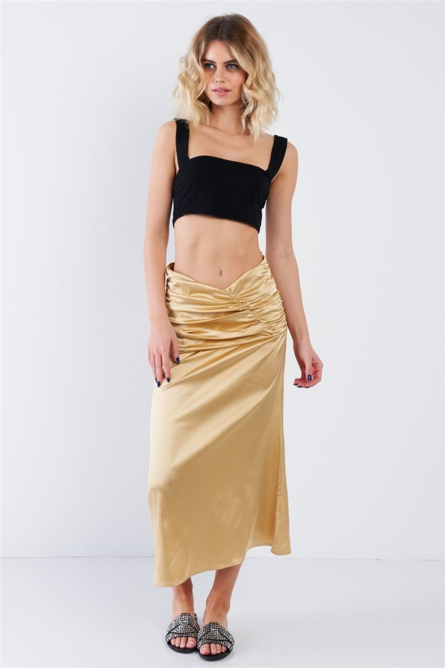 Satin ruffle waist midi skirt