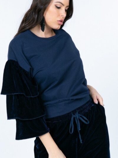 Tiered Velvet Ruffle Sleeve Pullover Crewneck Top Tiered Velvet Ruffle Sleeve Pullover Crewneck Top