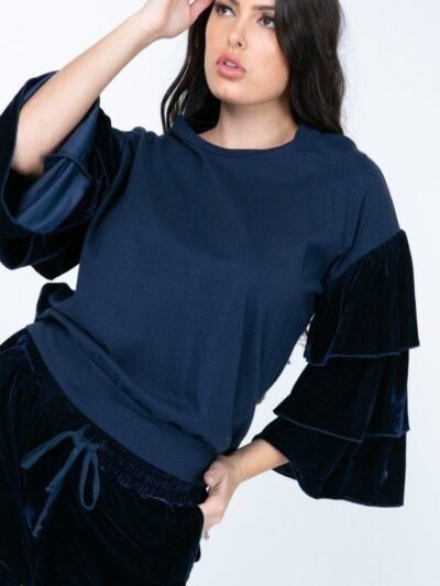 Tiered Velvet Ruffle Sleeve Pullover Crewneck Top Tiered Velvet Ruffle Sleeve Pullover Crewneck Top