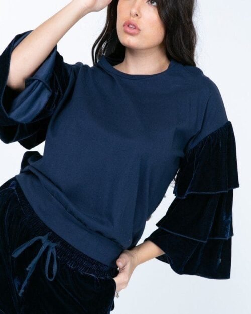 tiered velvet ruffle sleeve pullover crewneck top