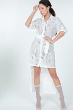 Belted Hi Low Placket Lace Shirt Dress