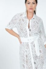 Belted Hi Low Placket Lace Shirt Dress - Image 2
