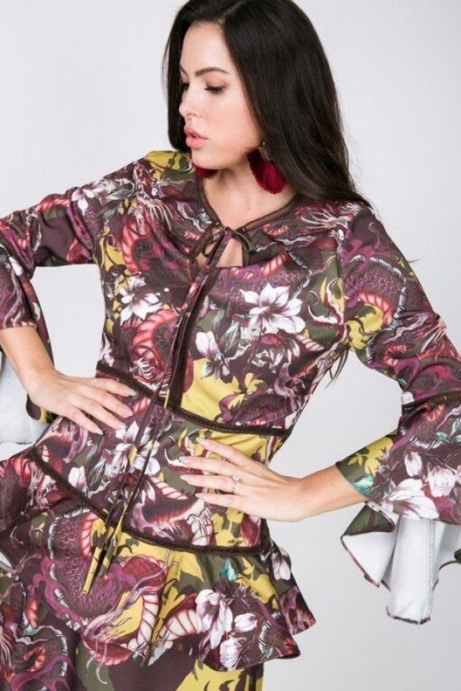 Cascade Ruffle Sleeve Frill Tiered Bottom Print Midi Dress - Image 2