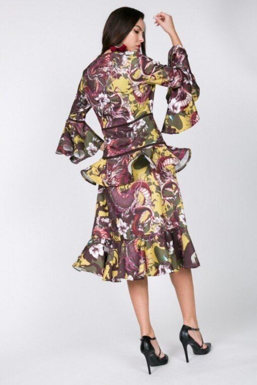 Cascade Ruffle Sleeve Frill Tiered Bottom Print Midi Dress - Image 3