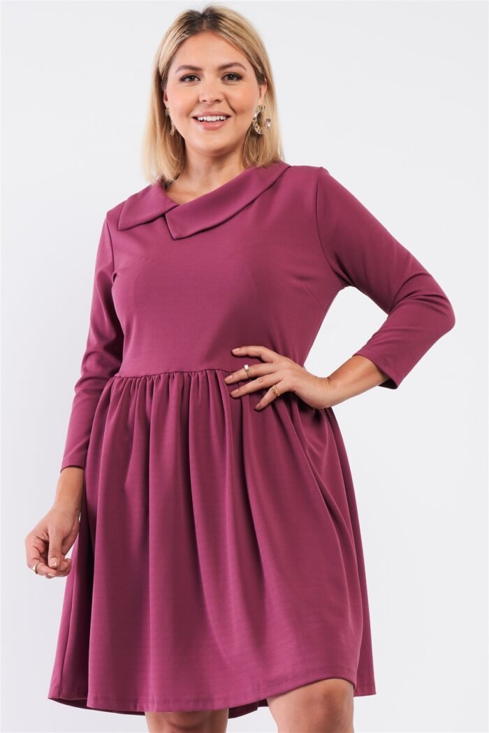 Plus pleated preppy fit & flare long sleeve asymmetrical peter pan collar mi...