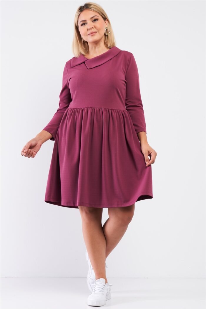 Plus pleated preppy fit & flare long sleeve asymmetrical peter pan collar mi...