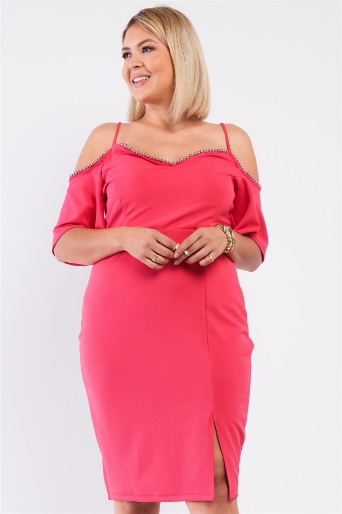 Plus coral pink off-the-shoulder silver ball beaded hem mini dress - image 1