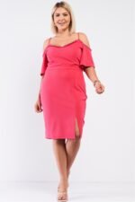 Plus Coral Pink Off-the-shoulder Silver Ball Beaded Hem Mini Dress - Image 2
